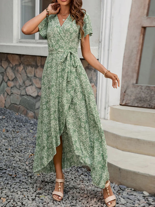 Printed Surplice Maxi Dress with Flutter Sleeves NicholesGifts