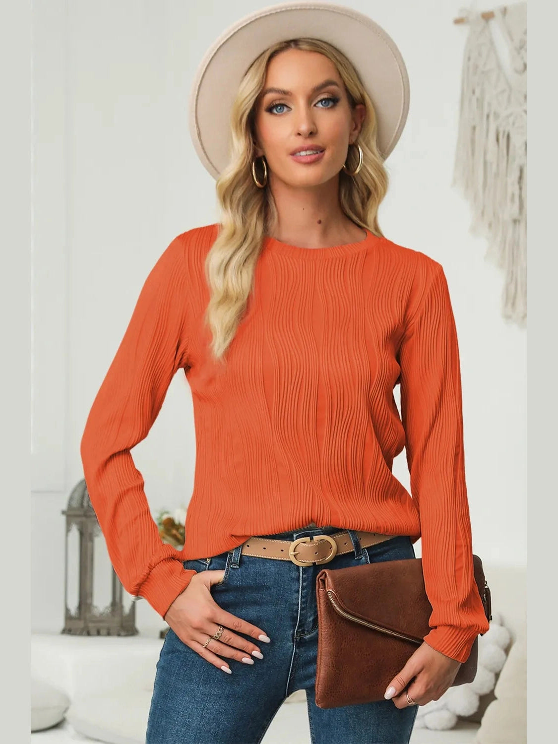 Textured Round Neck Long Sleeve Blouse NicholesGifts