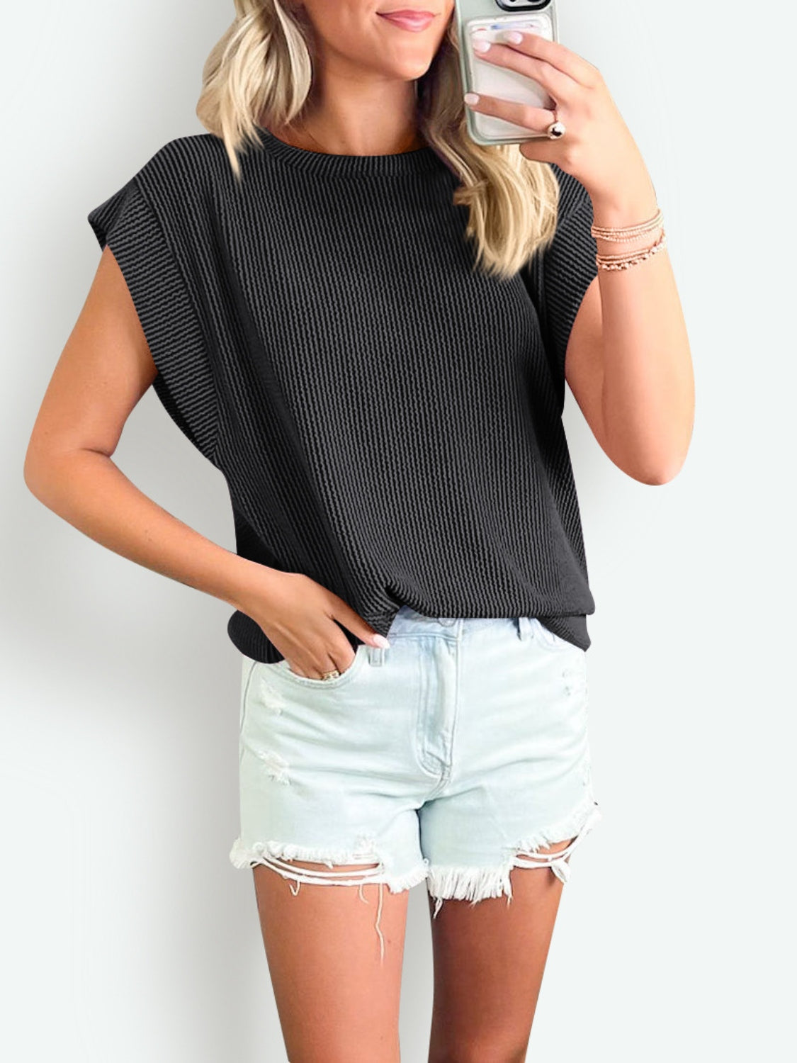 Textured Round Neck Cap Sleeve Blouse nicholesgifts