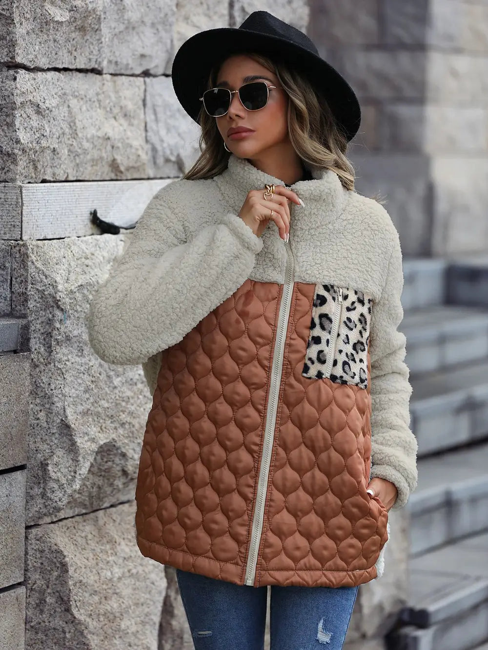 Leopard Color Block Zip-Up Jacket nicholesgifts