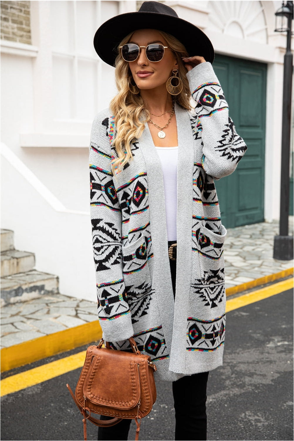 Printed Long Sleeve Cardigan with Pocket nicholesgifts