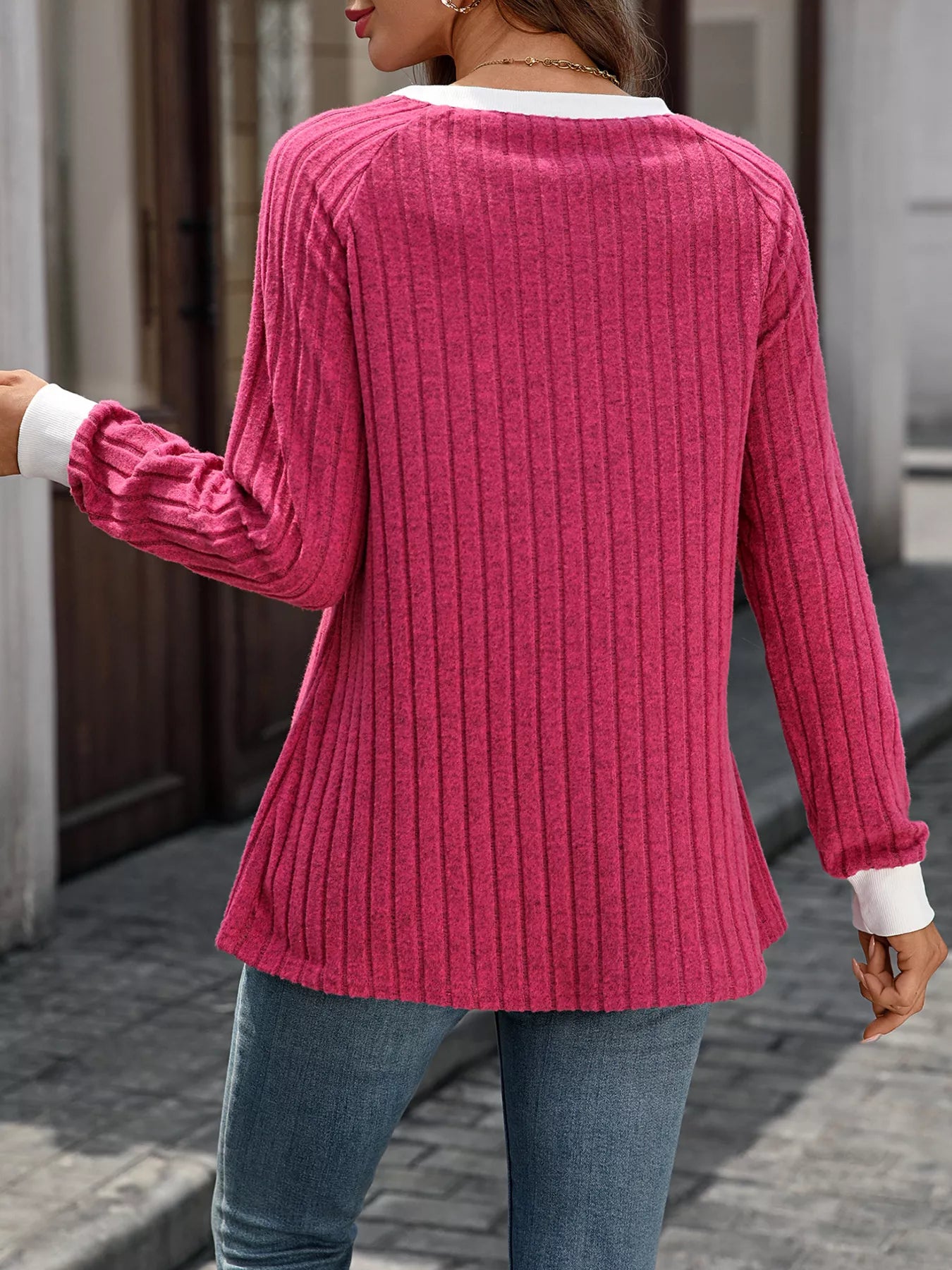 Ribbed Round Neck Raglan Sleeve Knit Top Trendsi