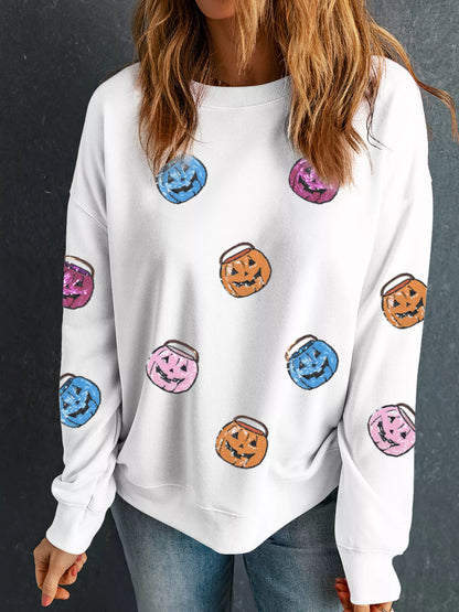 Women Halloween Pumpkin Lantern Sequin Patched Sweatshirt nicholesgifts