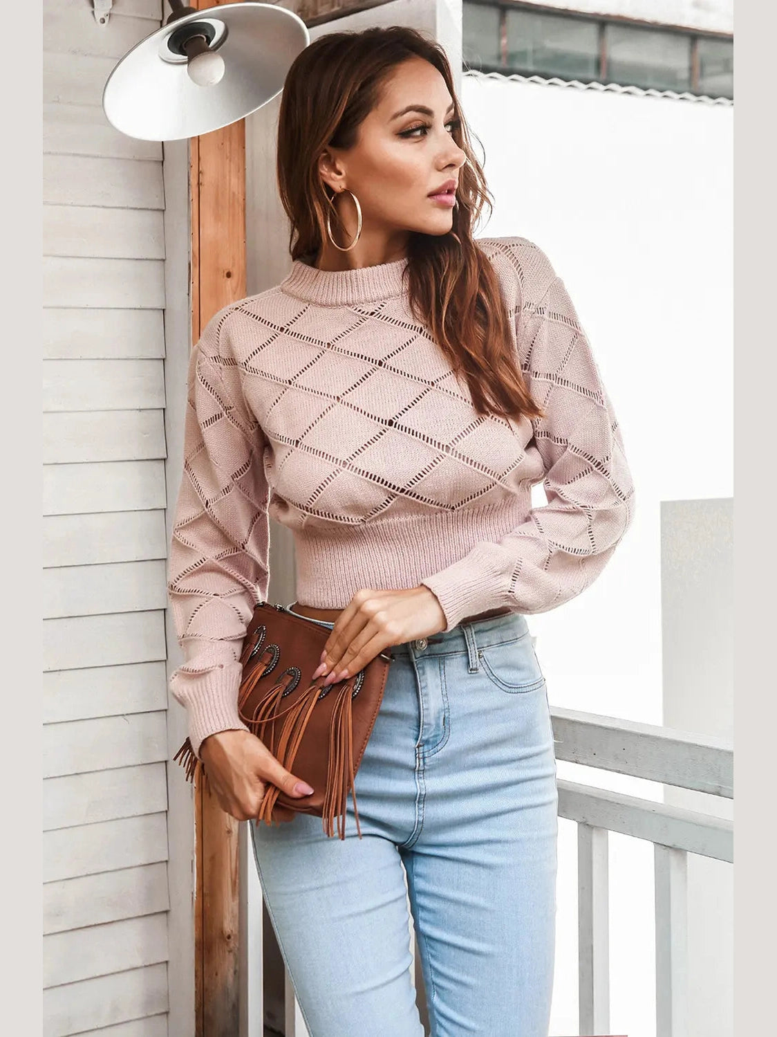 Openwork Plaid Round Neck Cropped Sweater Trendsi