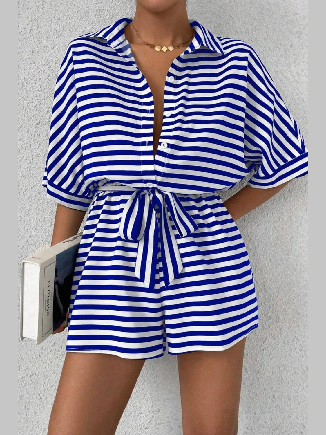 Striped Collared Neck Tie Waist Romper nicholesgifts