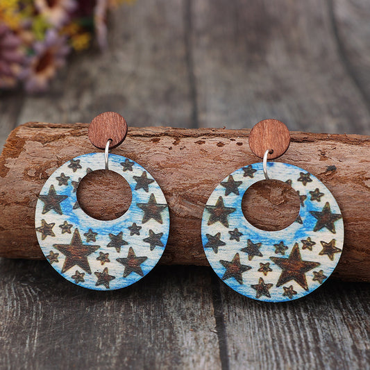 Cutout Star Print Wooden Dangle Earrings NicholesGifts