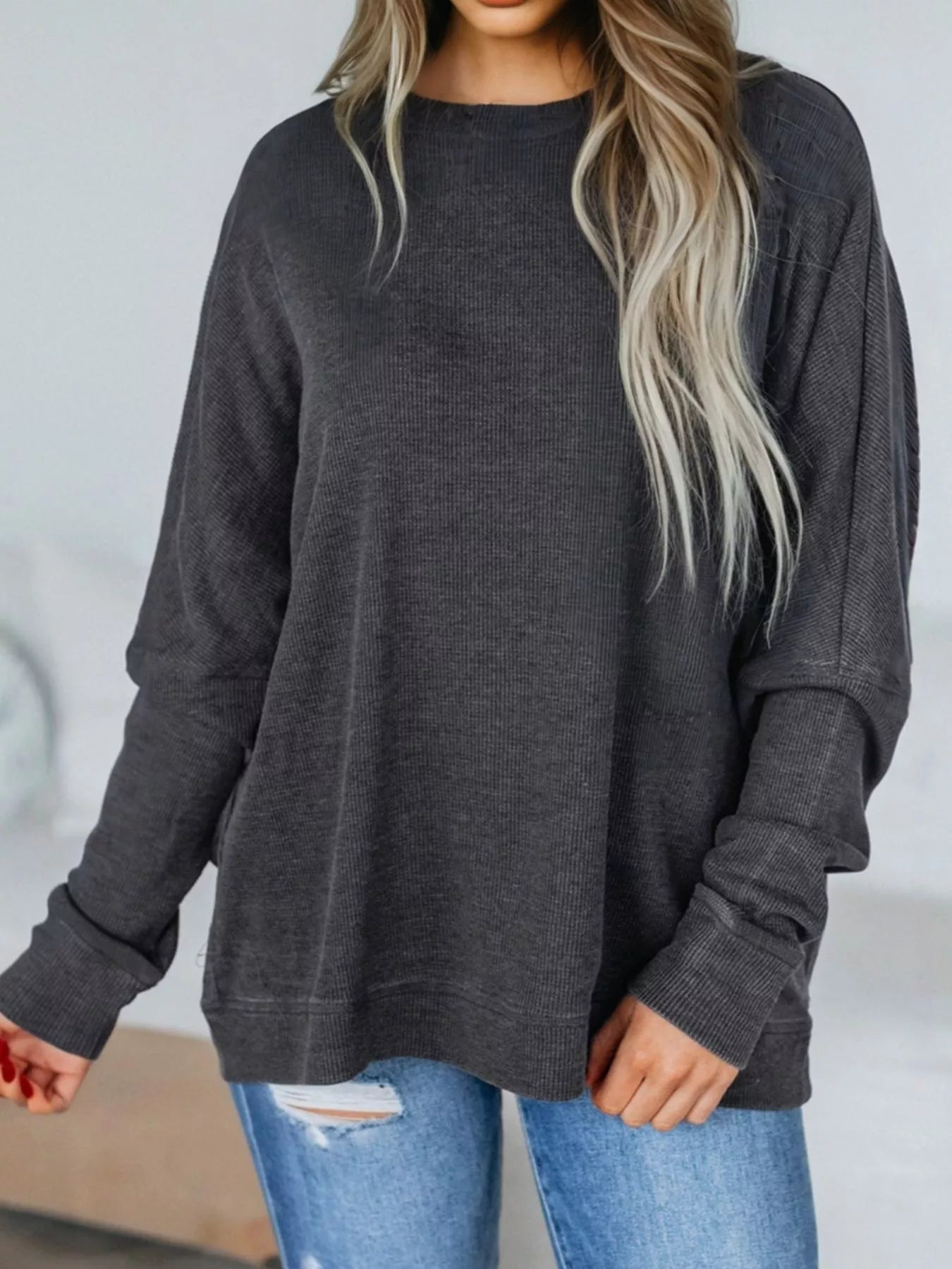 Waffle Knit Patchwork Long Sleeve Loose Sweatshirt Trendsi