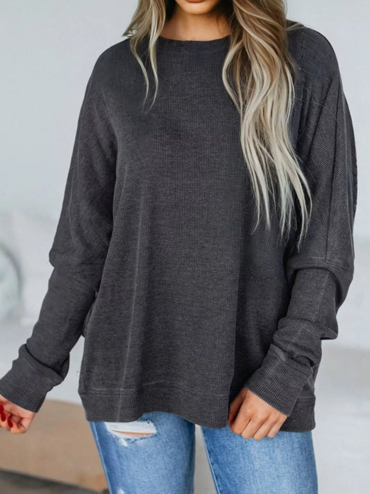 Waffle Knit Patchwork Long Sleeve Loose Sweatshirt Trendsi