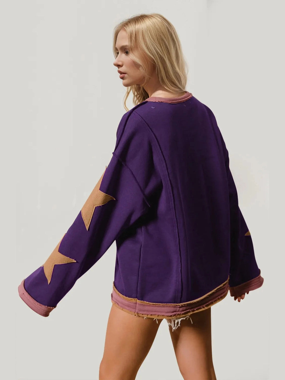Double Take Star Patched Long Sleeve Sweatshirt Trendsi