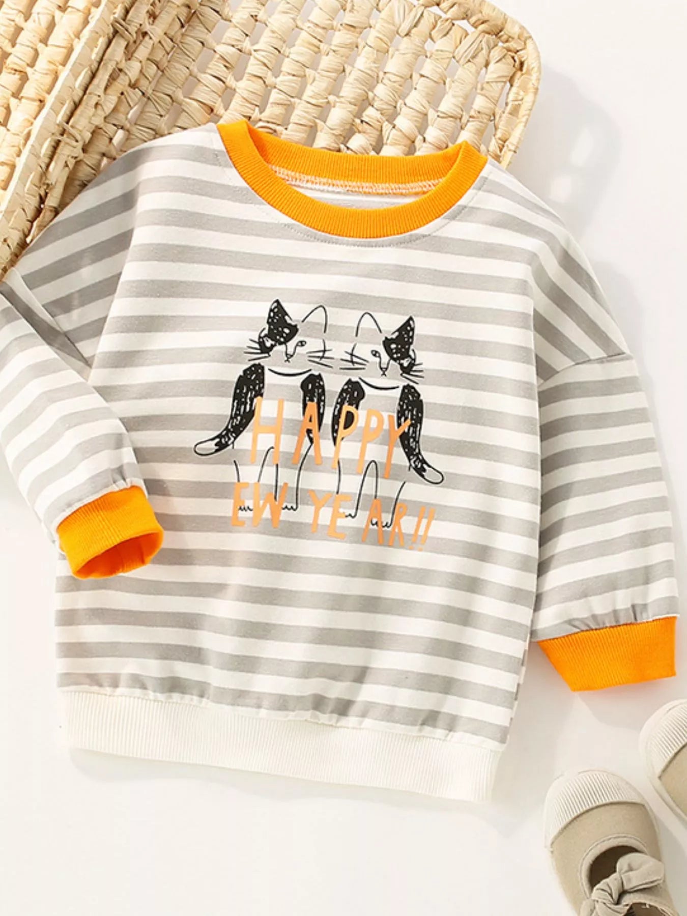 Children's Striped Cat Crew Neck Sweatshirt Trendsi