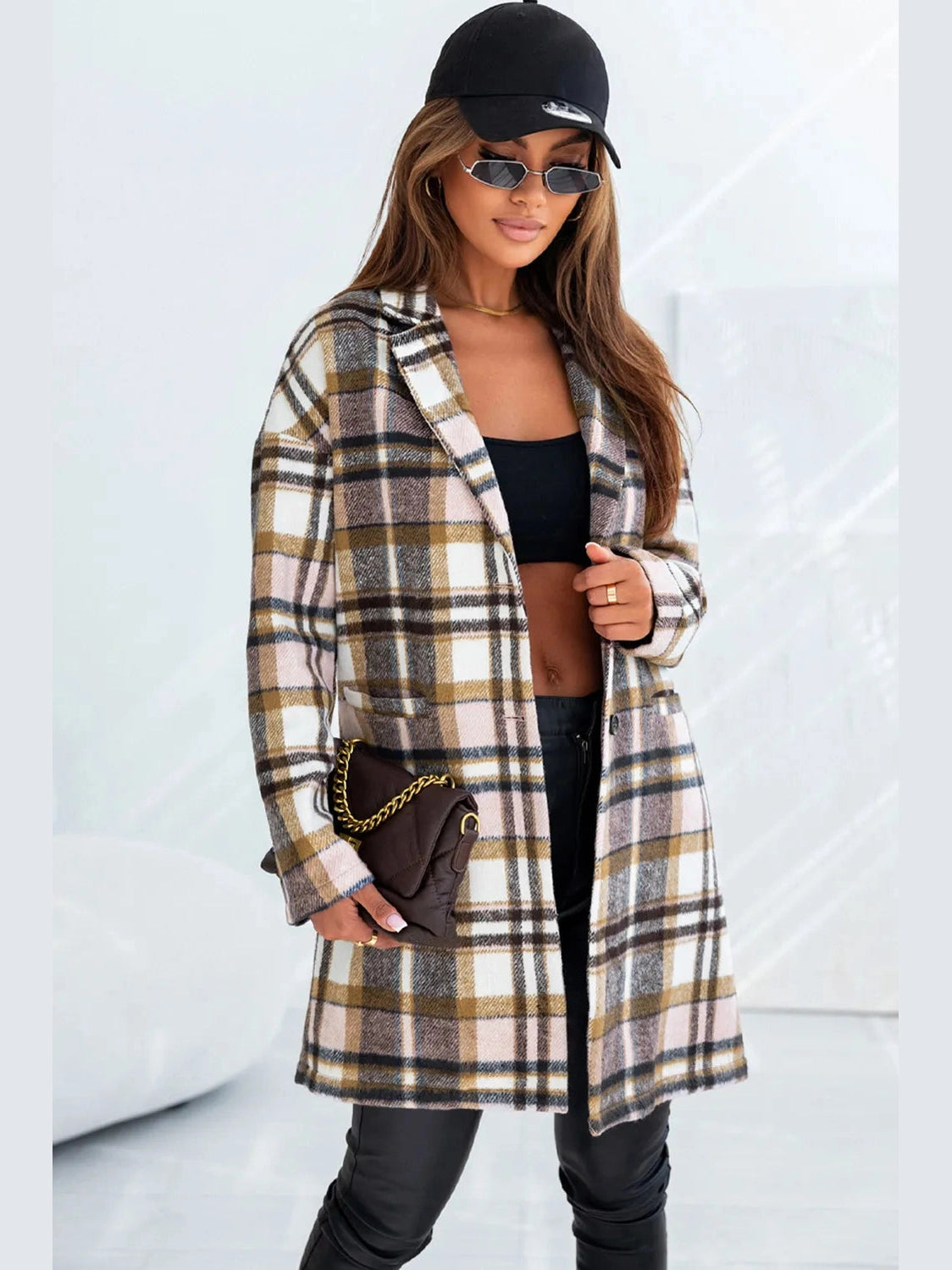 Plaid Longline Jacket with Pockets nicholesgifts