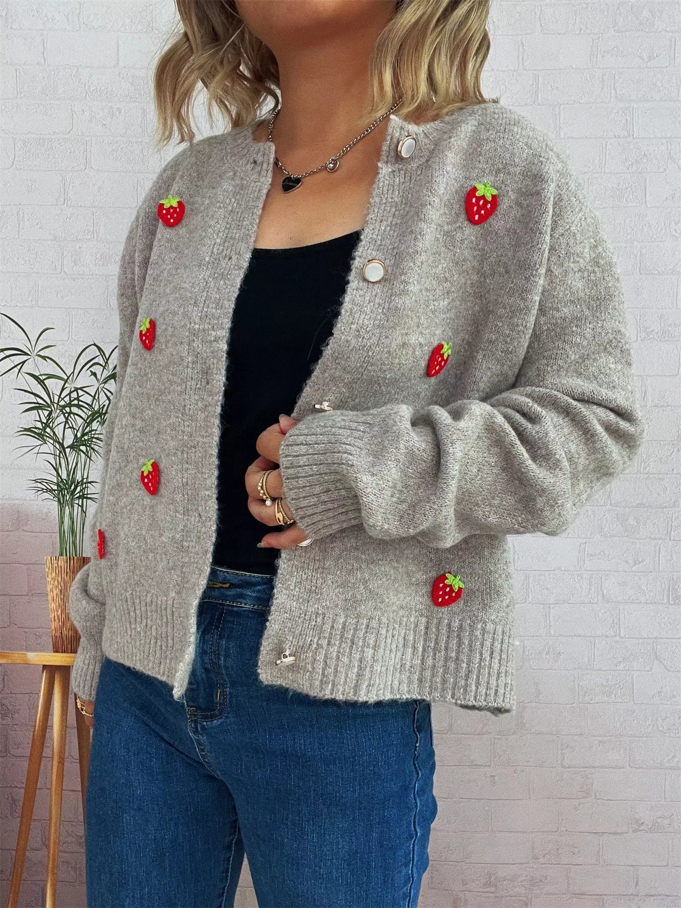 Strawberry Button Up Long Sleeve Cardigan Trendsi