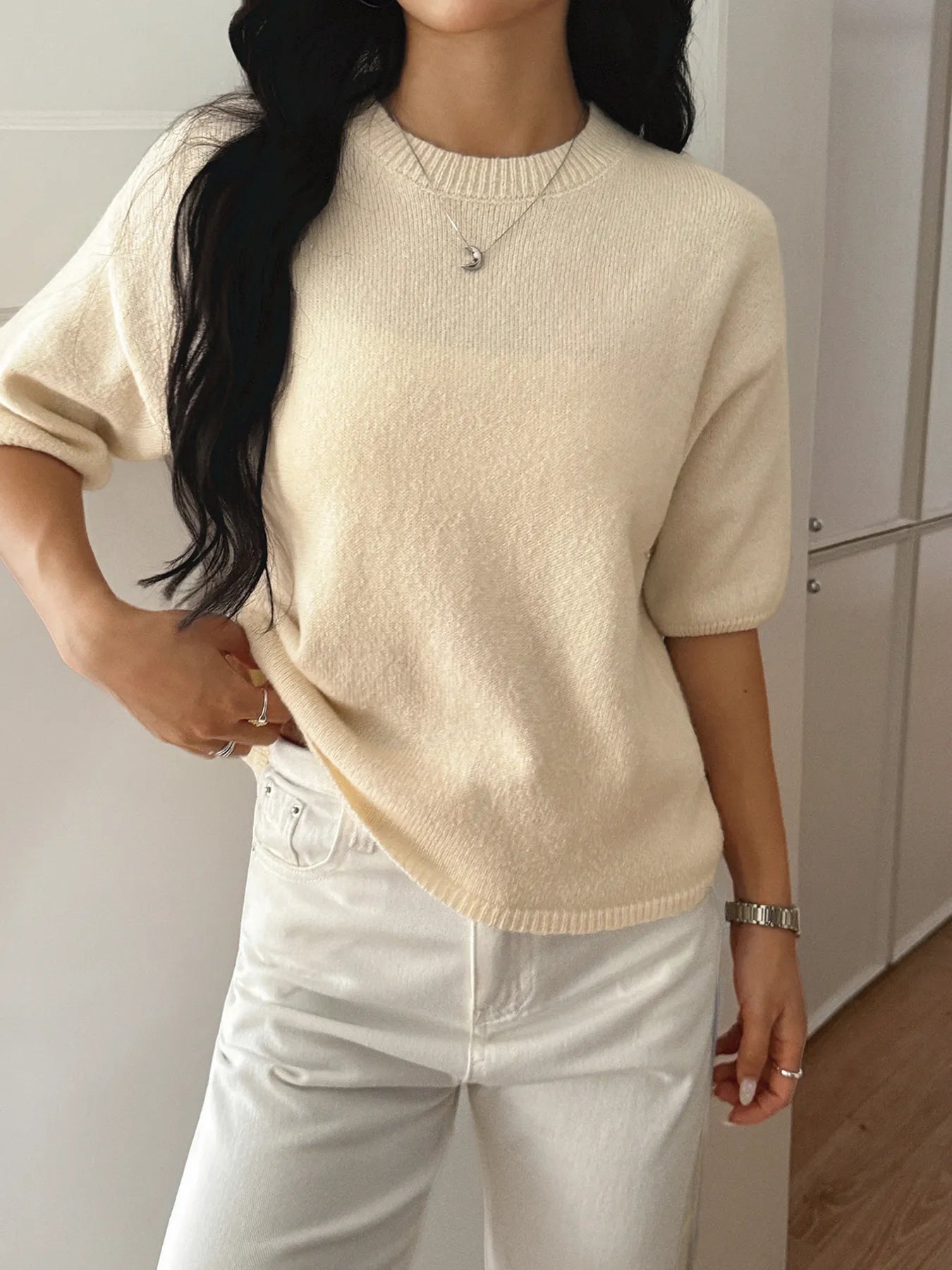 Ribbed Hem Round Neck Sweater Trendsi