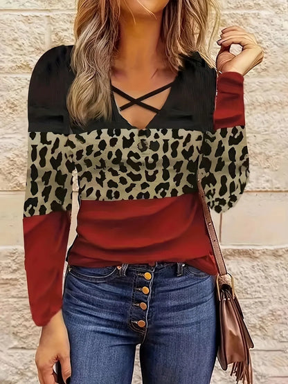 Crisscross Color Block Long Sleeve T-Shirt nicholesgifts