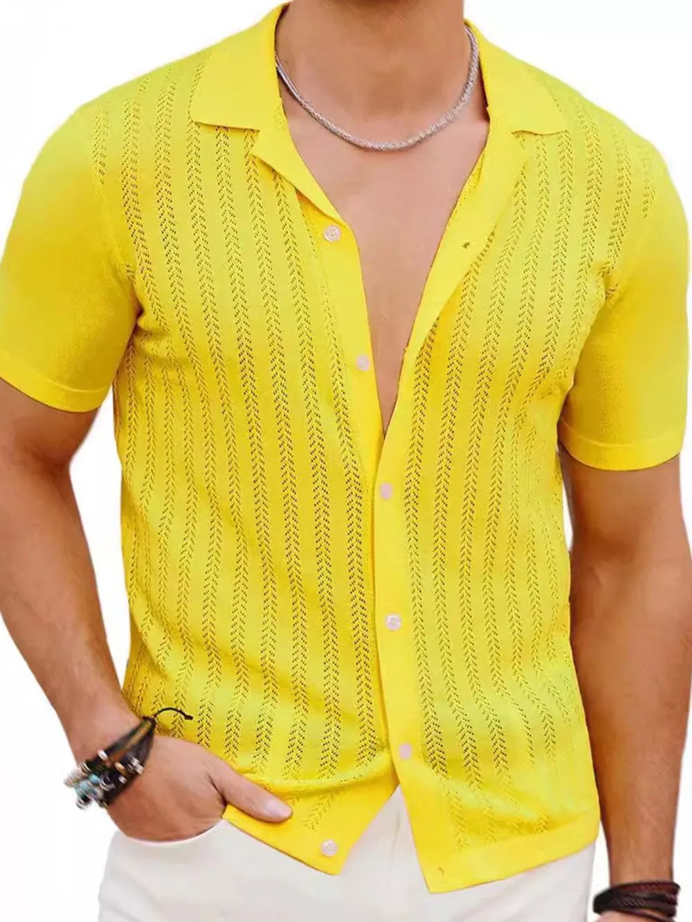 Men's Full Size Openwork Button Down Short Sleeve Shirt Plus Size NicholesGifts