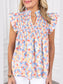 Ruffled Printed Notched Cap Sleeve Blouse nicholesgifts