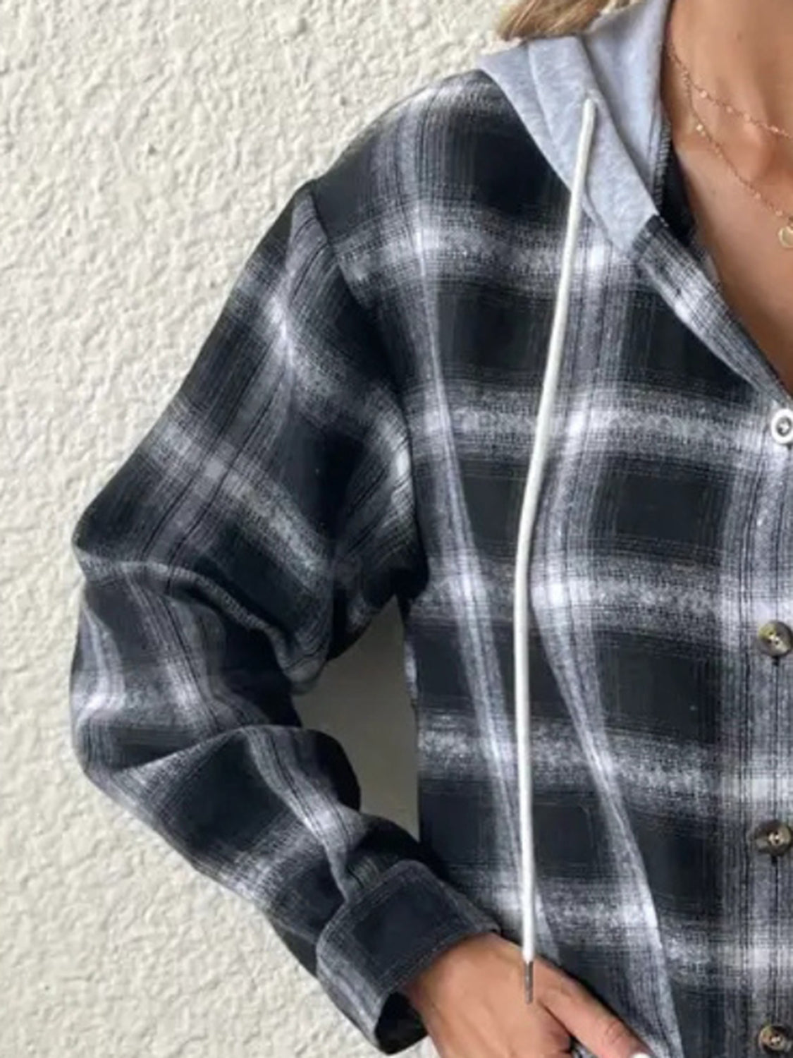 Plaid Drawstring Button Up Hooded Jacket nicholesgifts