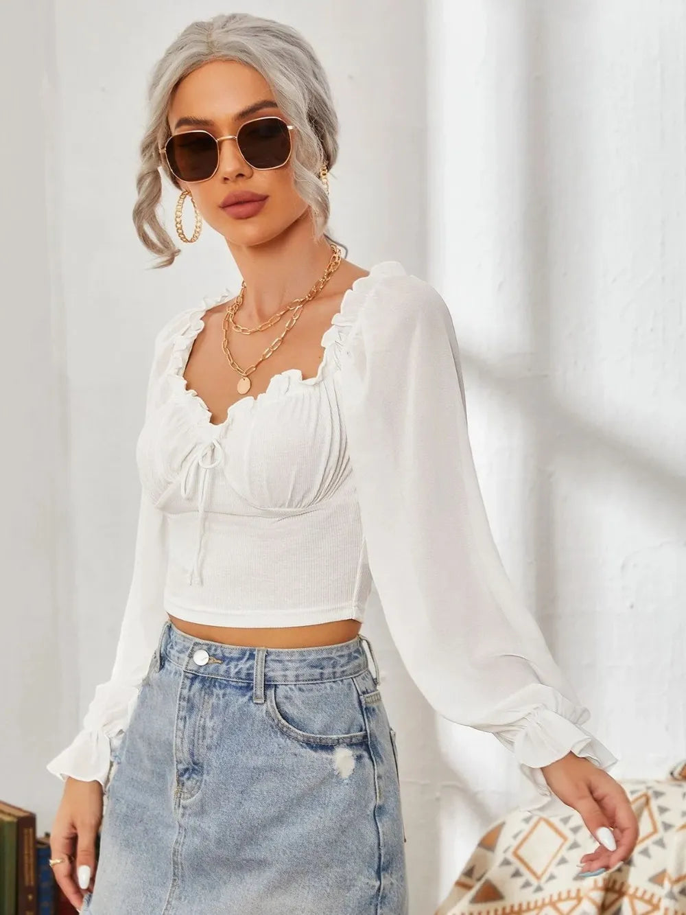 Mesh Sweetheart Neck Flounce Sleeve Top NicholesGifts