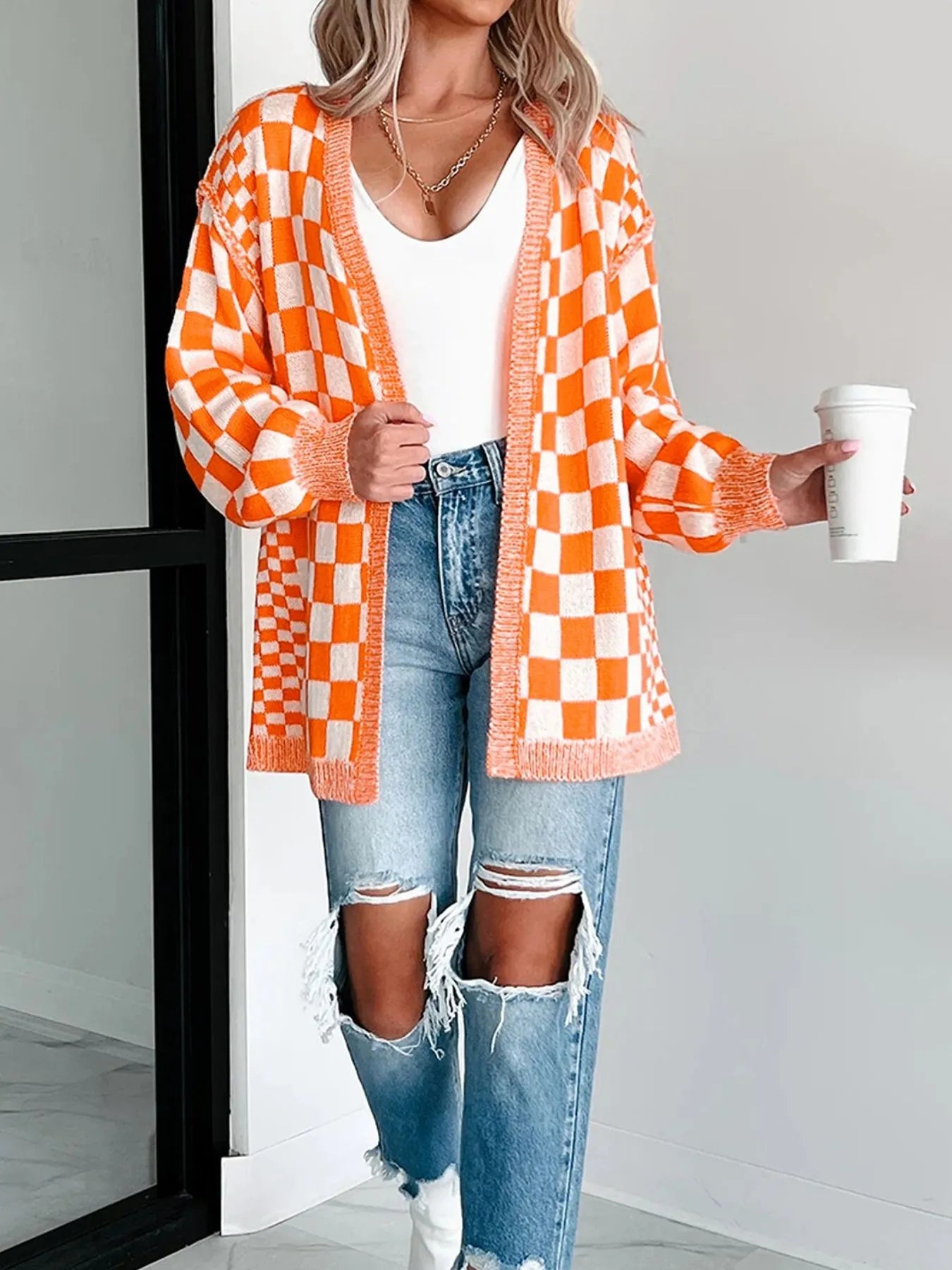 Checkered Pattern Open Front Cardigan Trendsi