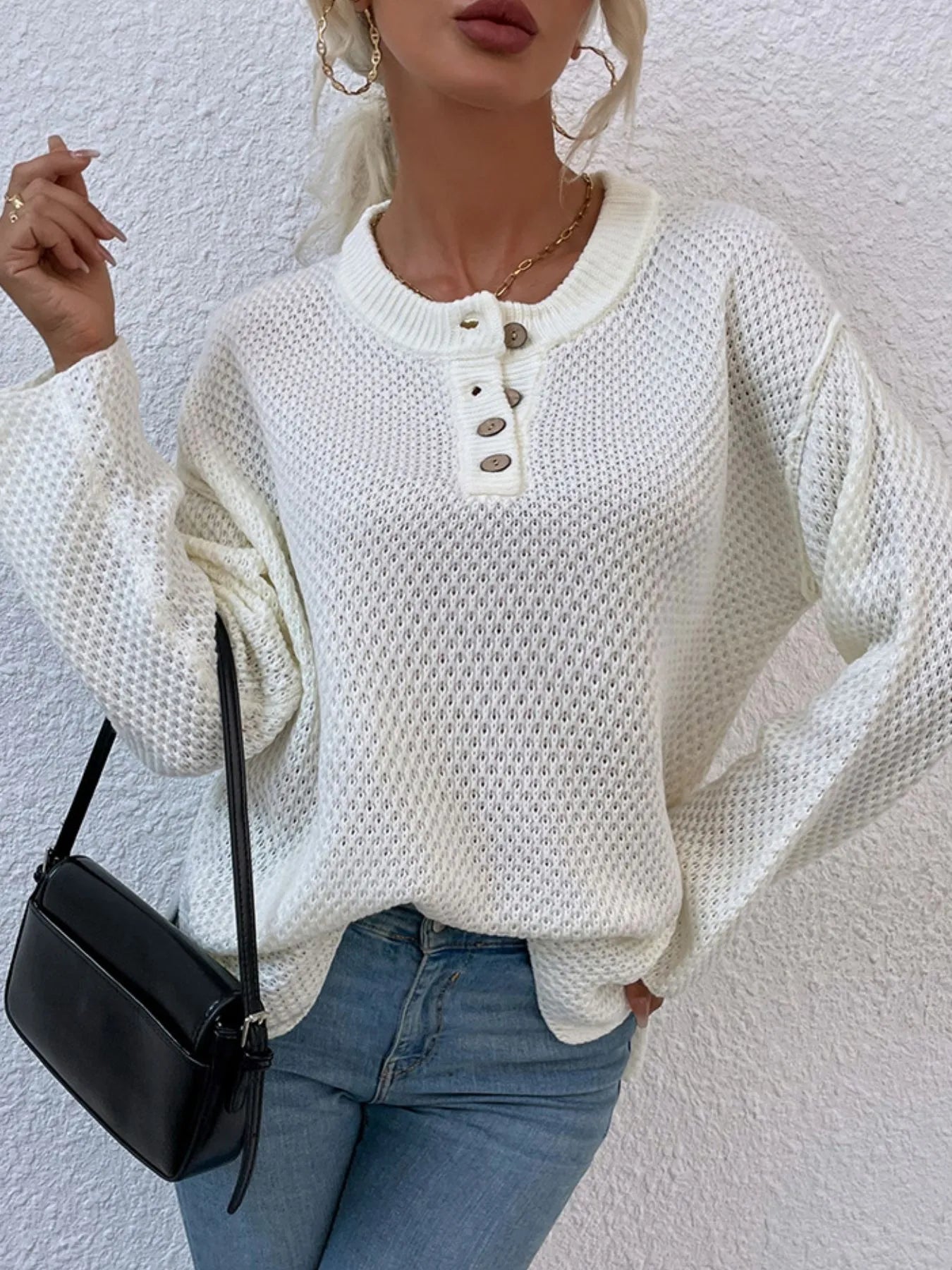 Women Button Detail Long Sleeve Knit Top