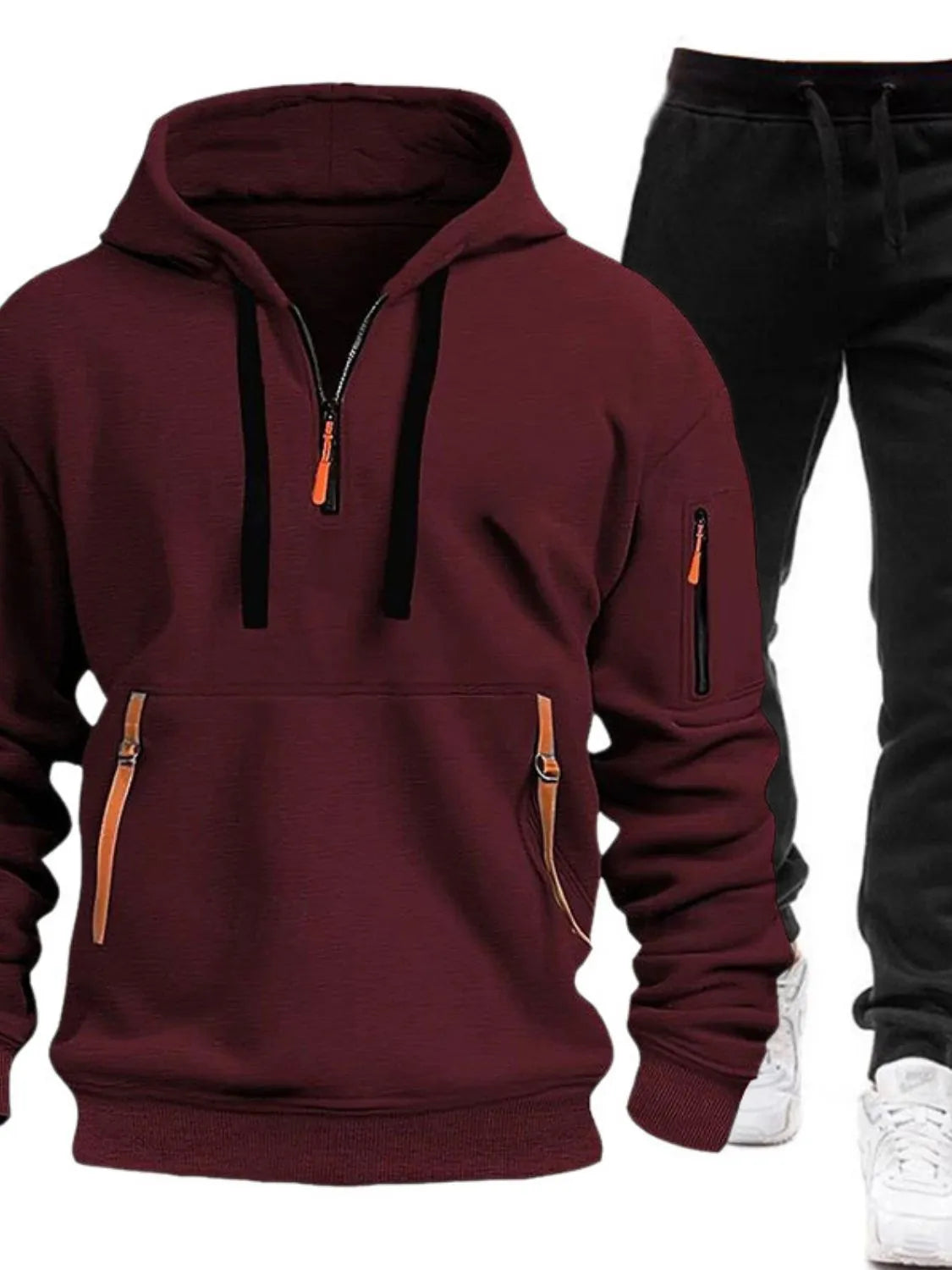 Men's Full Size Drawstring Half Zip Hoodie and Pants Set Plus Size NicholesGifts