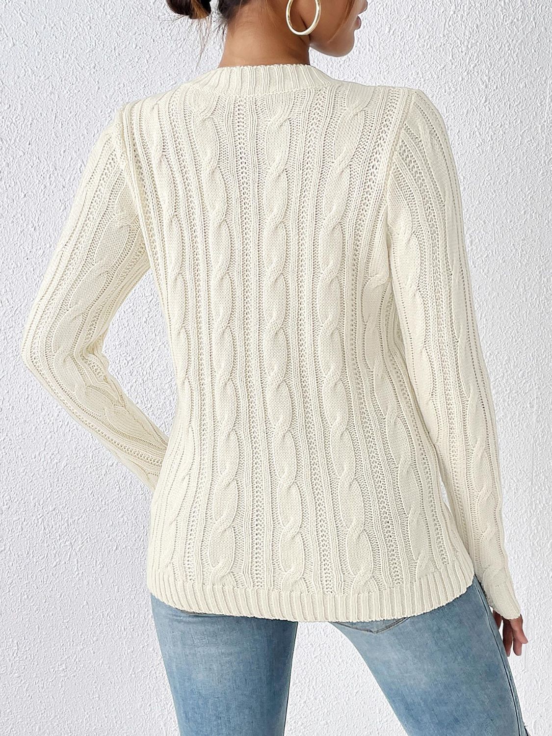 Cable-Knit Round Neck Long Sleeve Sweater nicholesgifts