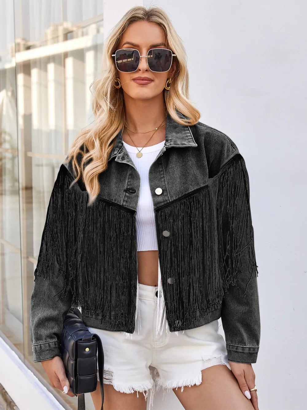 Tassel Button Up Dropped Shoulder Denim Jacket nicholesgifts