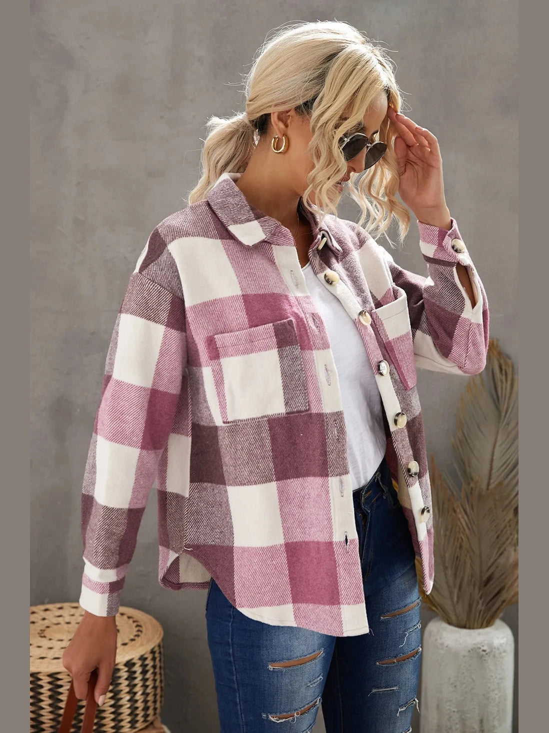 Plaid Button Up Dropped Shoulder Jacket nicholesgifts