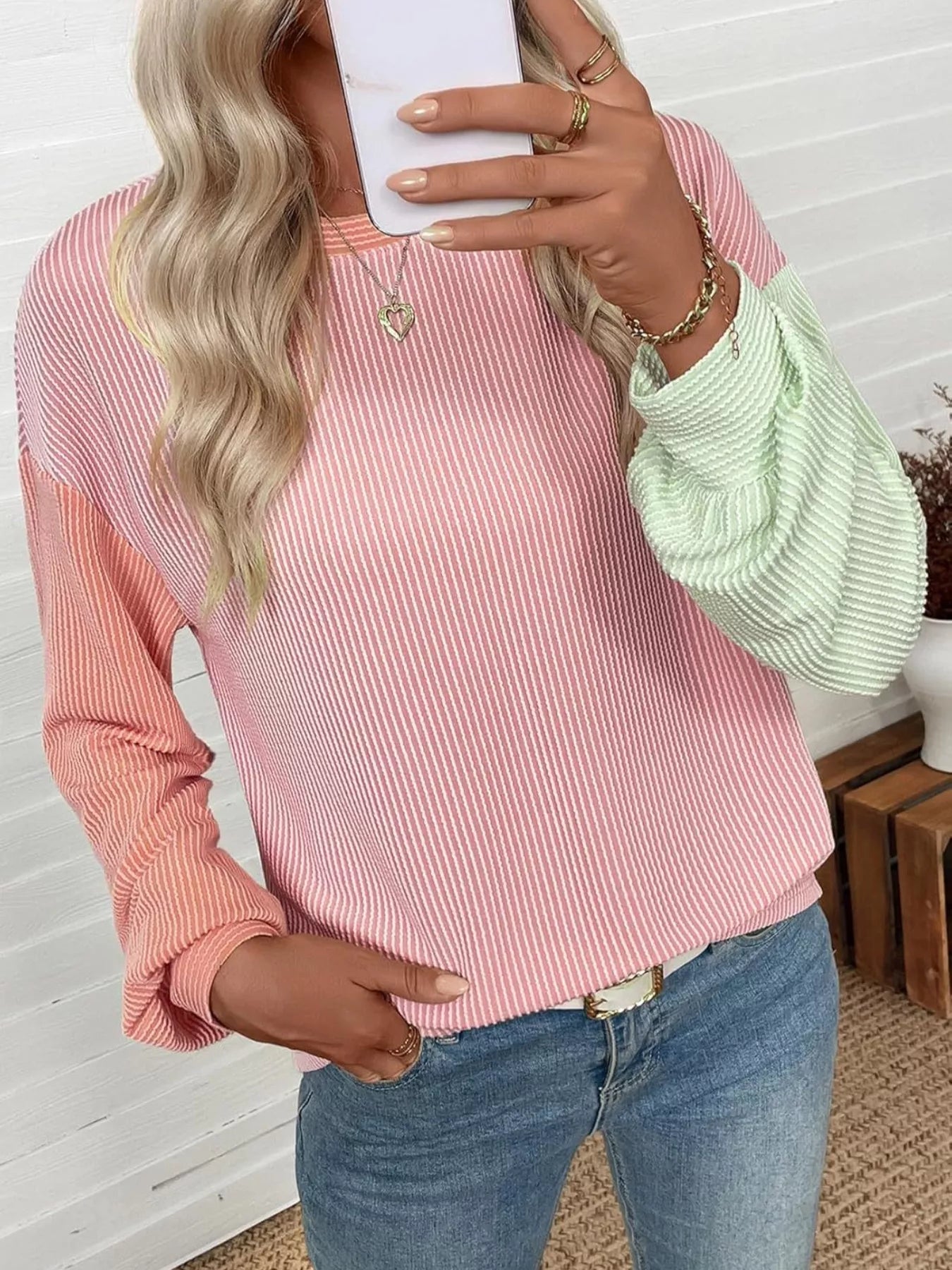 Color Block Ribbed Long Sleeve T-Shirt Trendsi