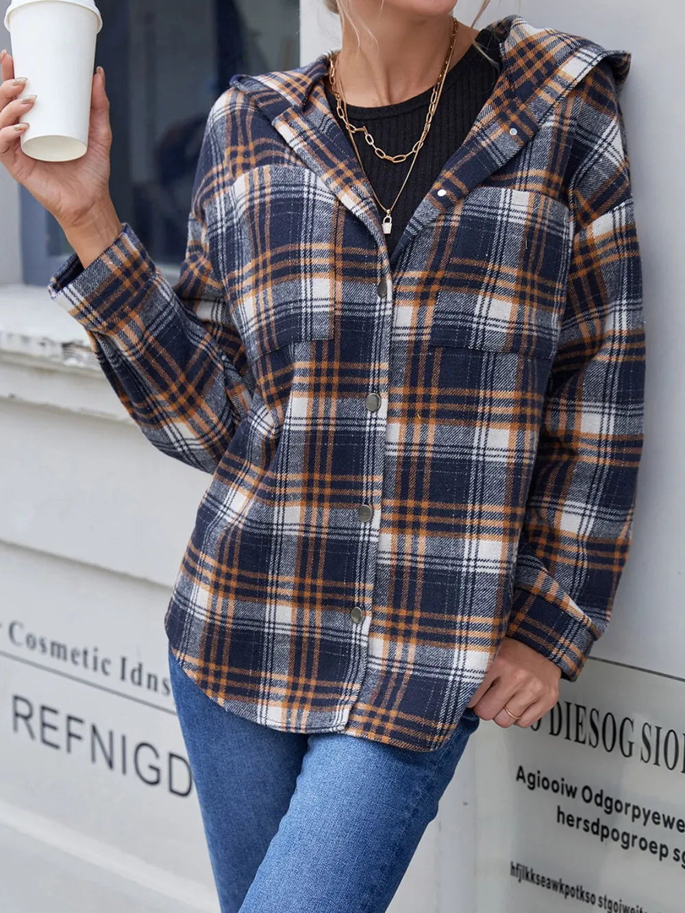 Ivy Lane Plaid Button Up Long Sleeve Hooded Jacket nicholesgifts