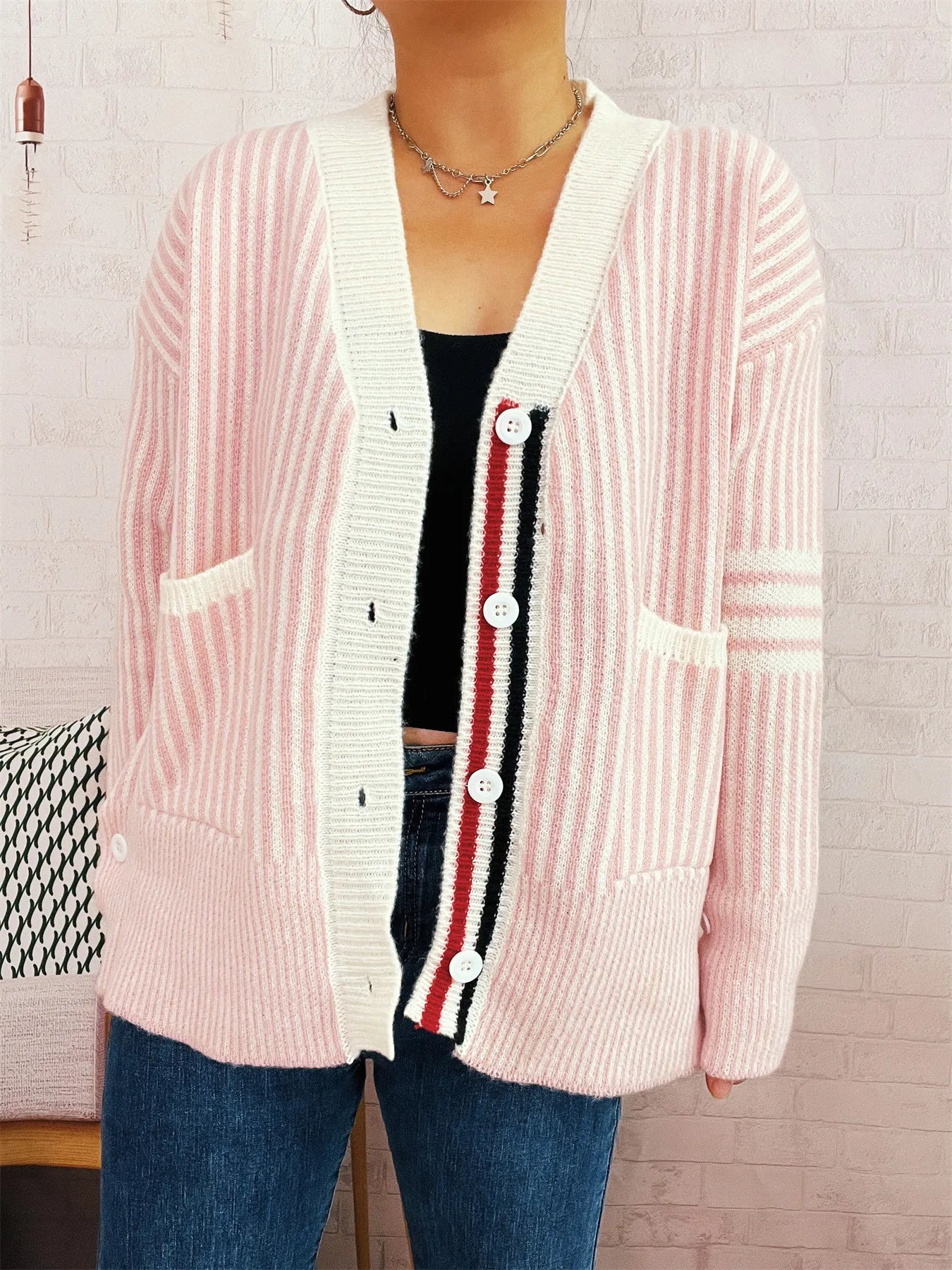 Striped Button-Front Cardigan with Contrast Trim