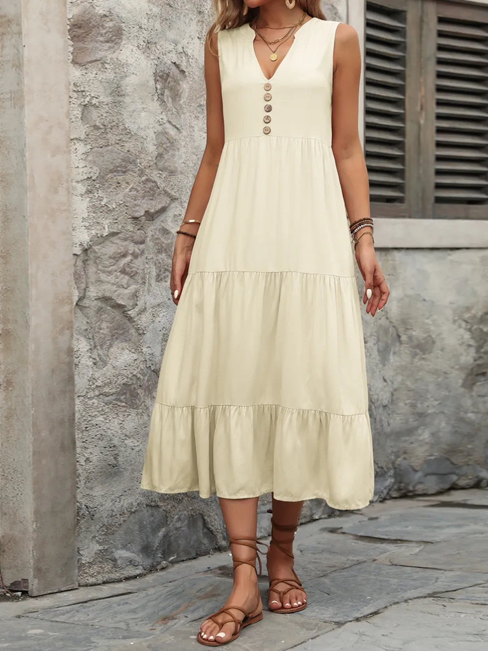 Ivy Lane Decorative Button Notched Sleeveless Dress Trendsi
