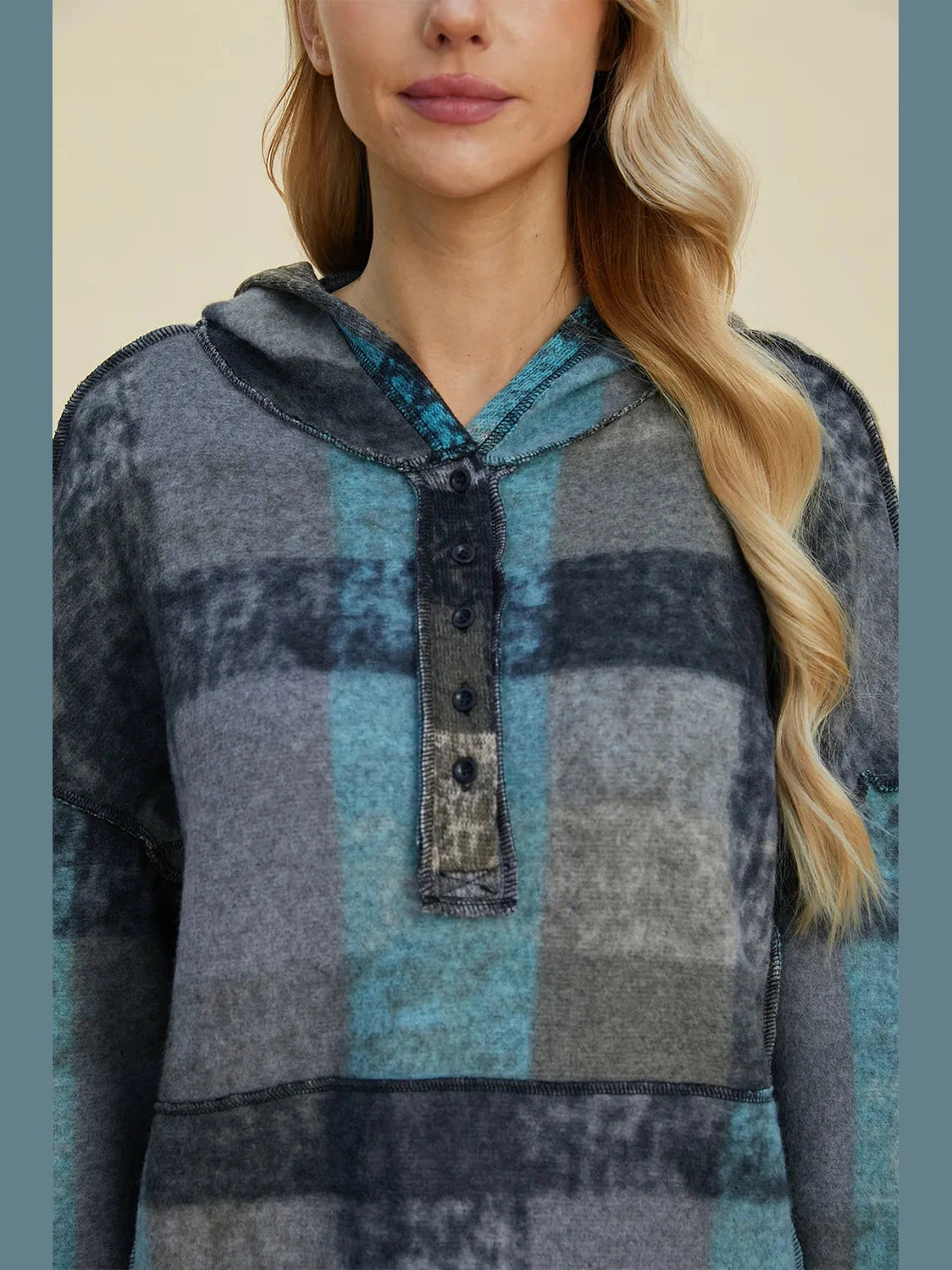 Double Take Full Size Plaid Dropped Shoulder Fleece Hoodie Trendsi
