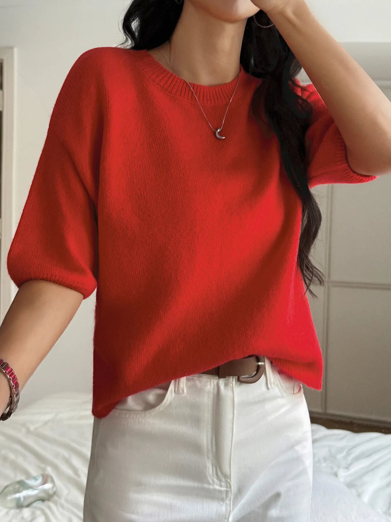 Ribbed Hem Round Neck Sweater Trendsi
