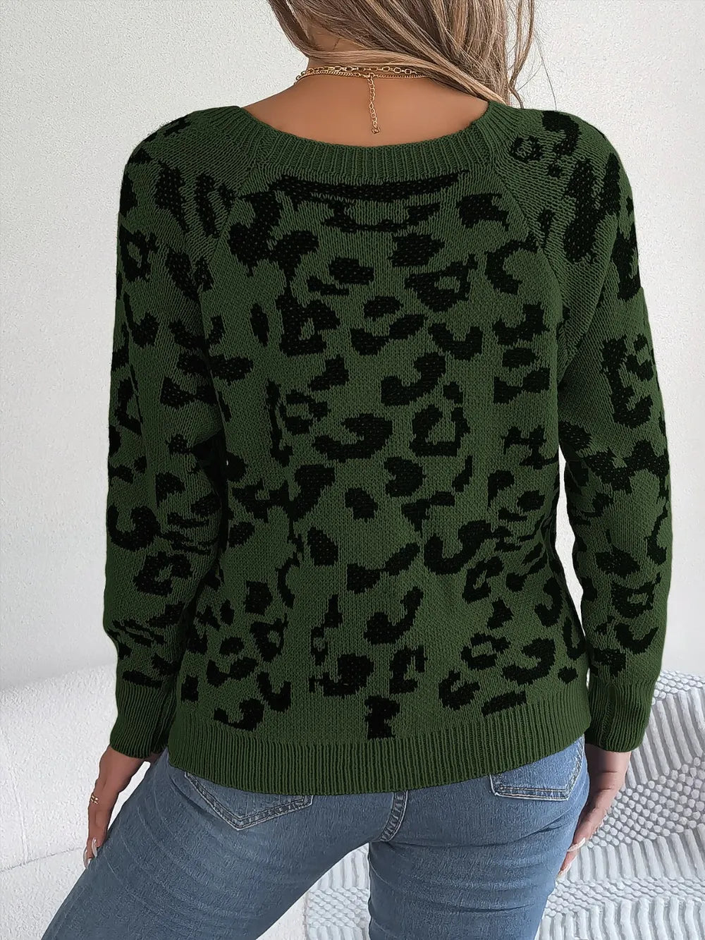Leopard Buttoned Square Neck Sweater Trendsi