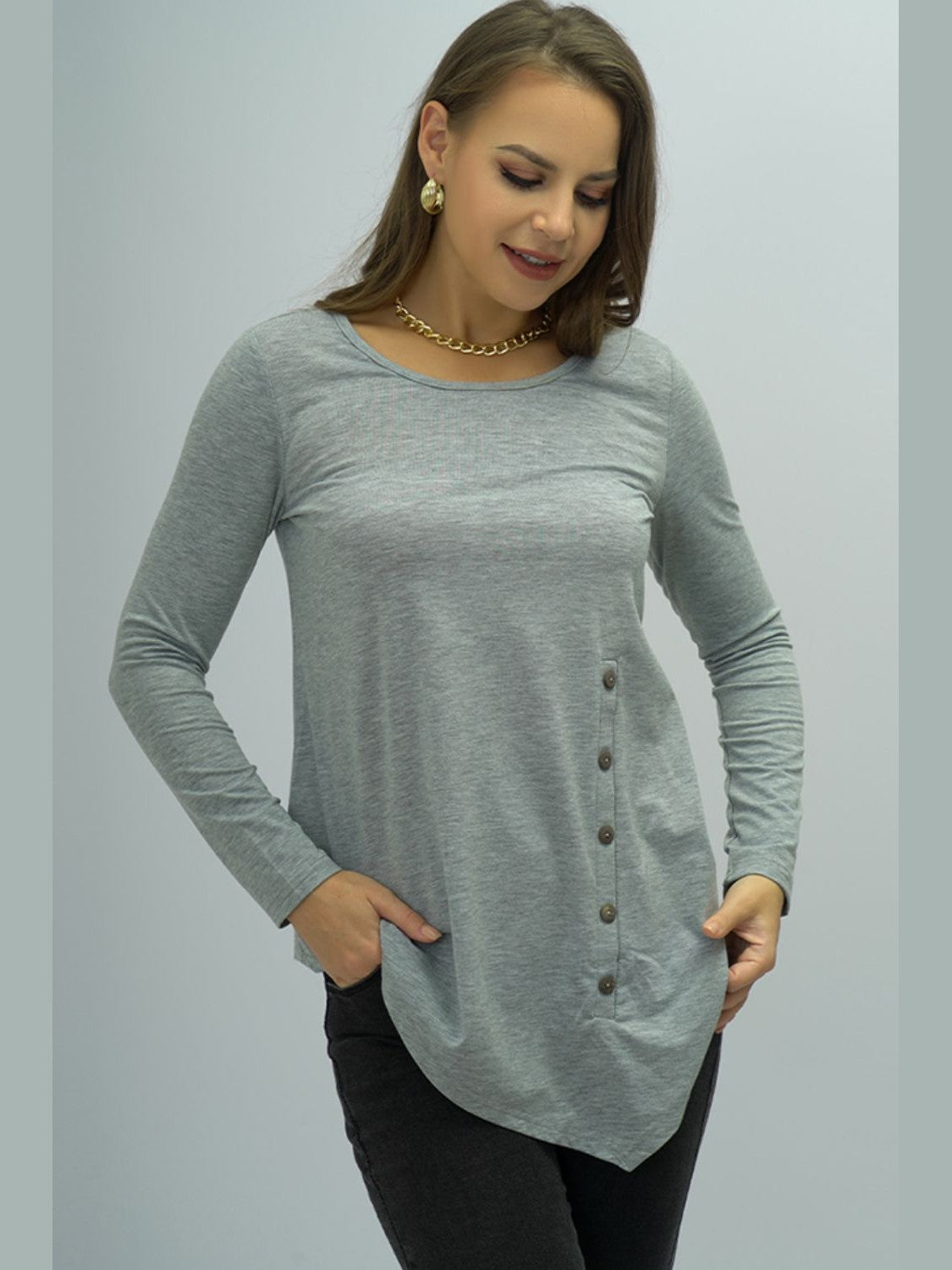 Shiny Buttoned Long Sleeve Round Neck Tee NicholesGifts
