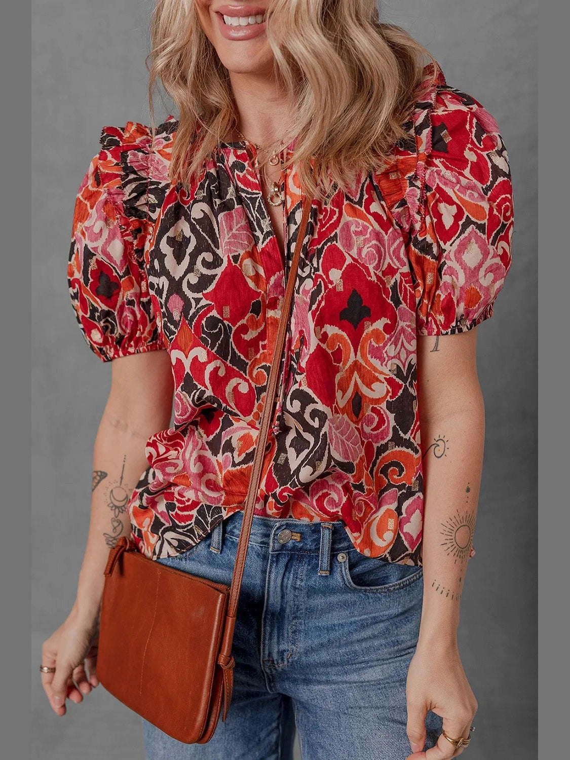 Ethnic Print Split Neck Short Puff Sleeve Blouse NicholesGifts