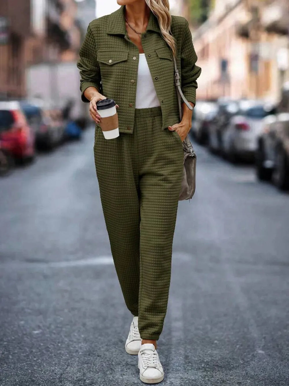 Plaid Texture Snap Down Top and Pants Set nicholesgifts