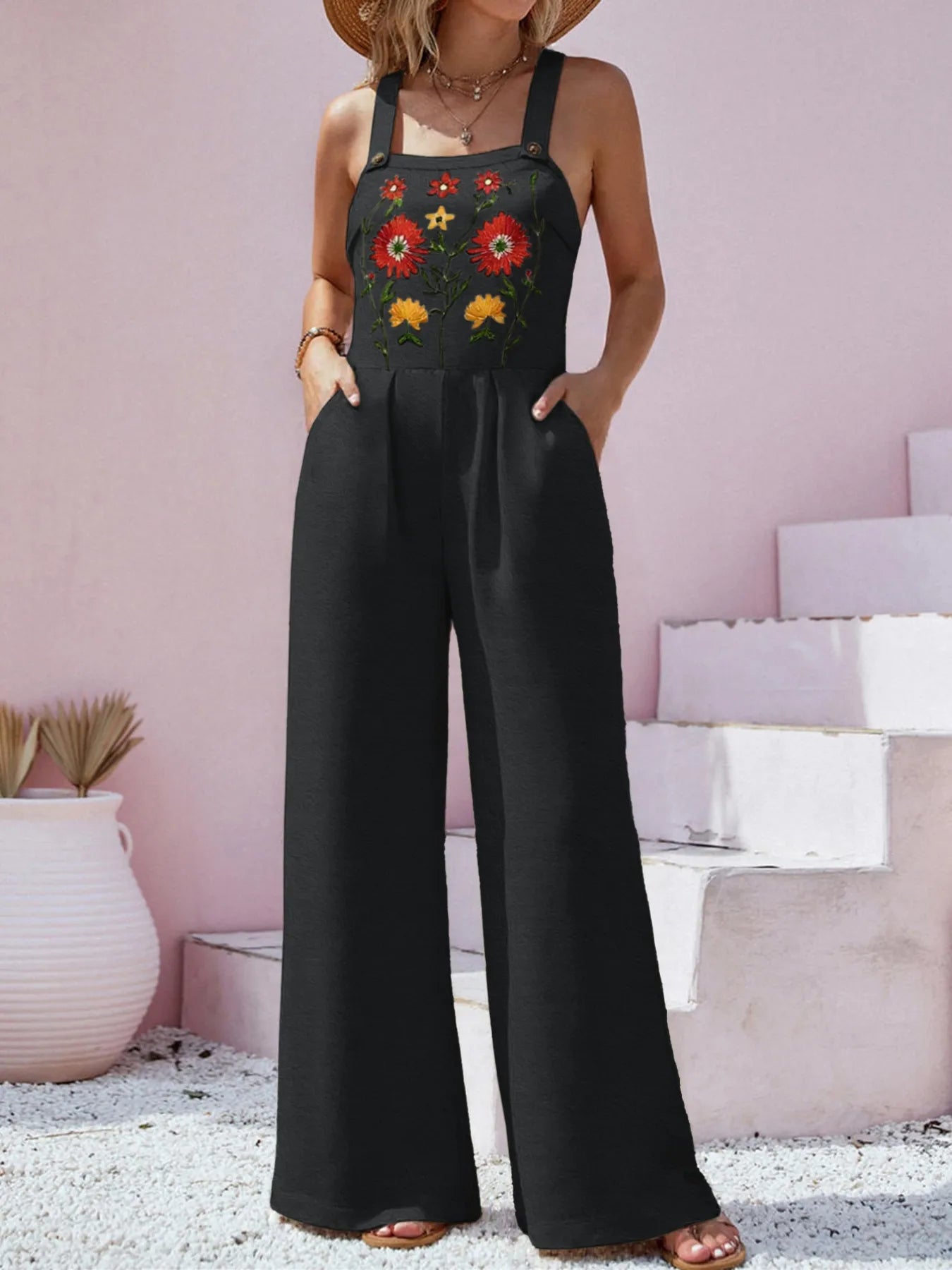 Floral Embroidered Wide Leg Jumpsuit nicholesgifts