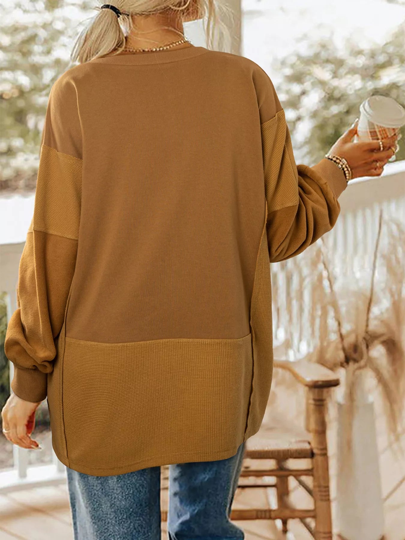 Oversized Textured Split Neck High Low Sweatshirt Trendsi