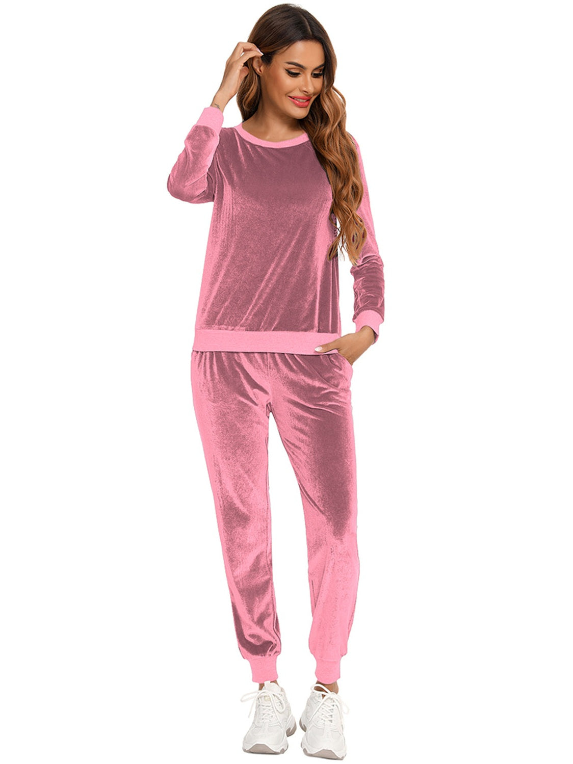 Round Neck Long Sleeve Loungewear Set with Pockets nicholesgifts