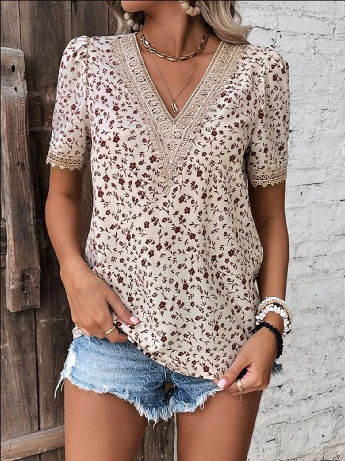 Women Full Size Printed V-Neck Short Sleeve Blouse nicholesgifts