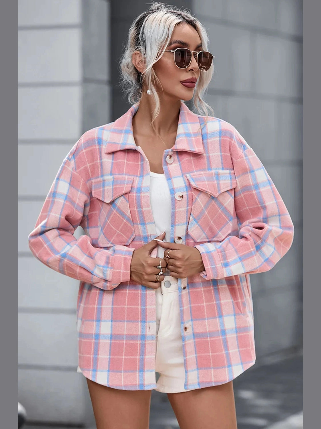 Plaid Pocketed Collared Neck Button Up Jacket nicholesgifts
