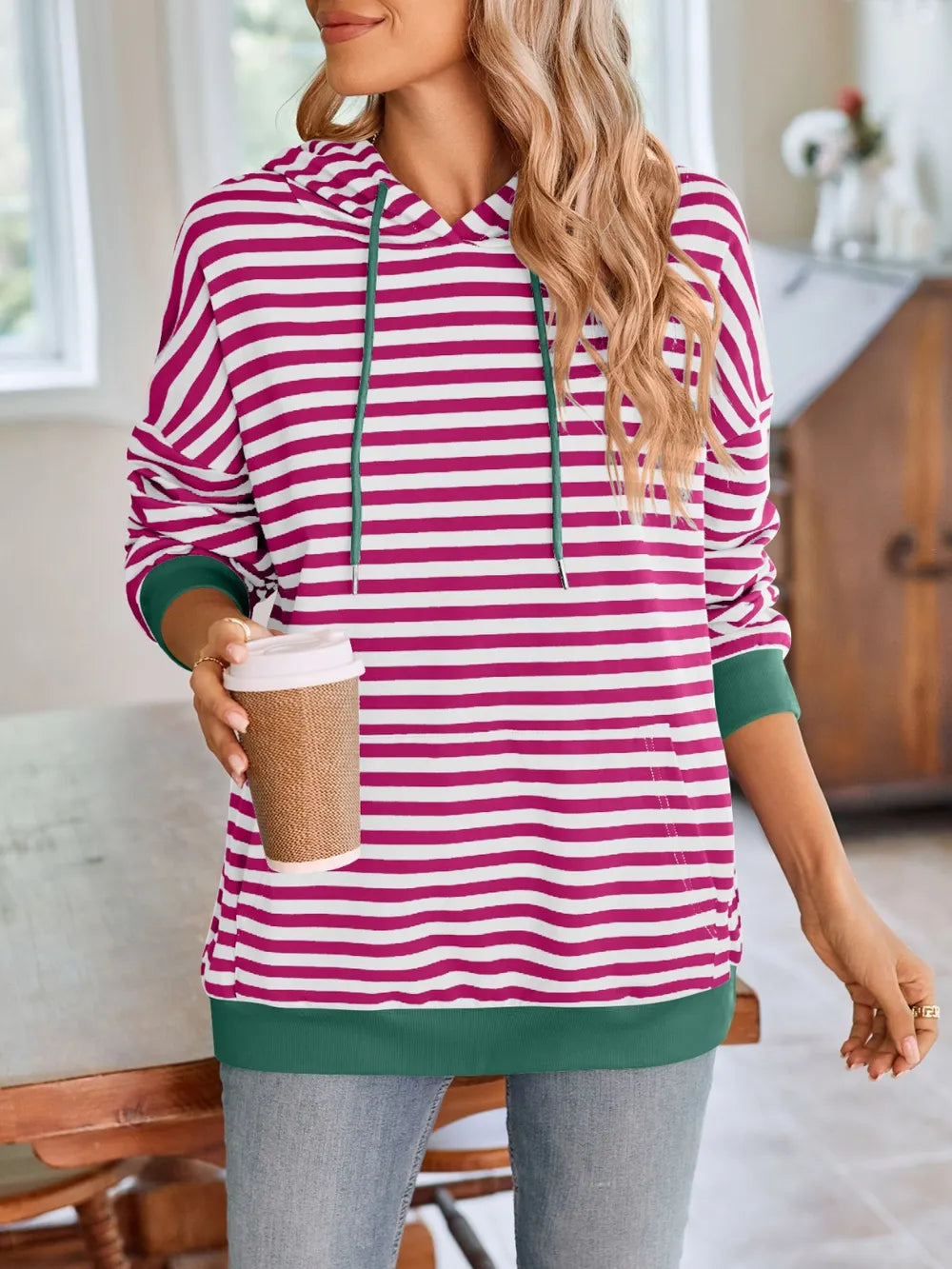 Lovelet Drawstring Striped Long Sleeve Hoodie Trendsi