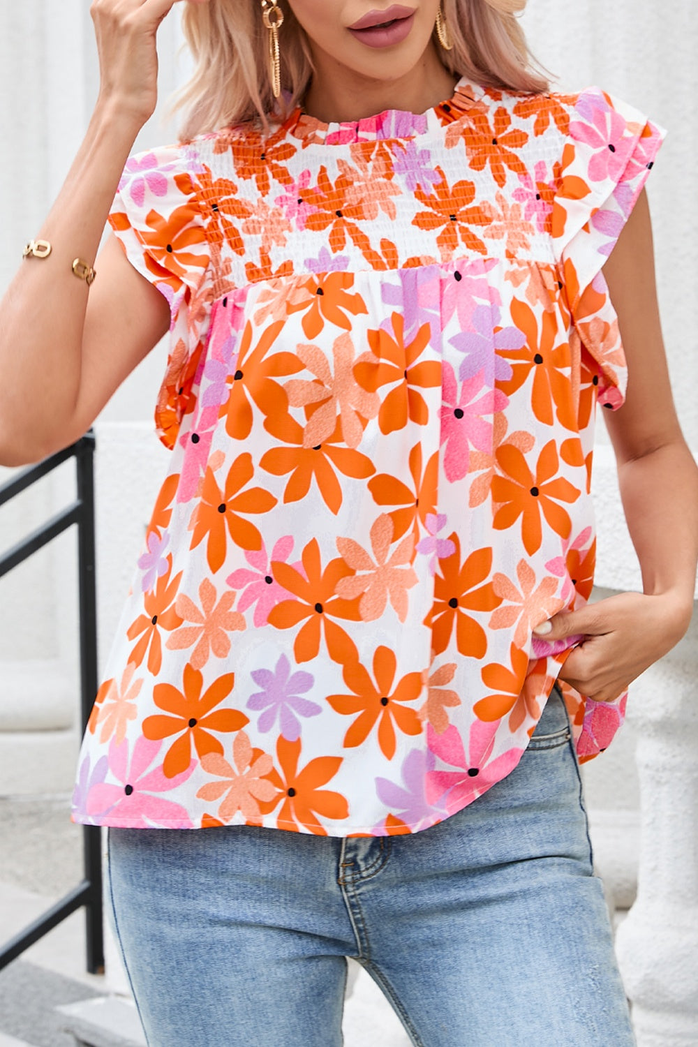 Printed Round Neck Cap Sleeve Blouse nicholesgifts