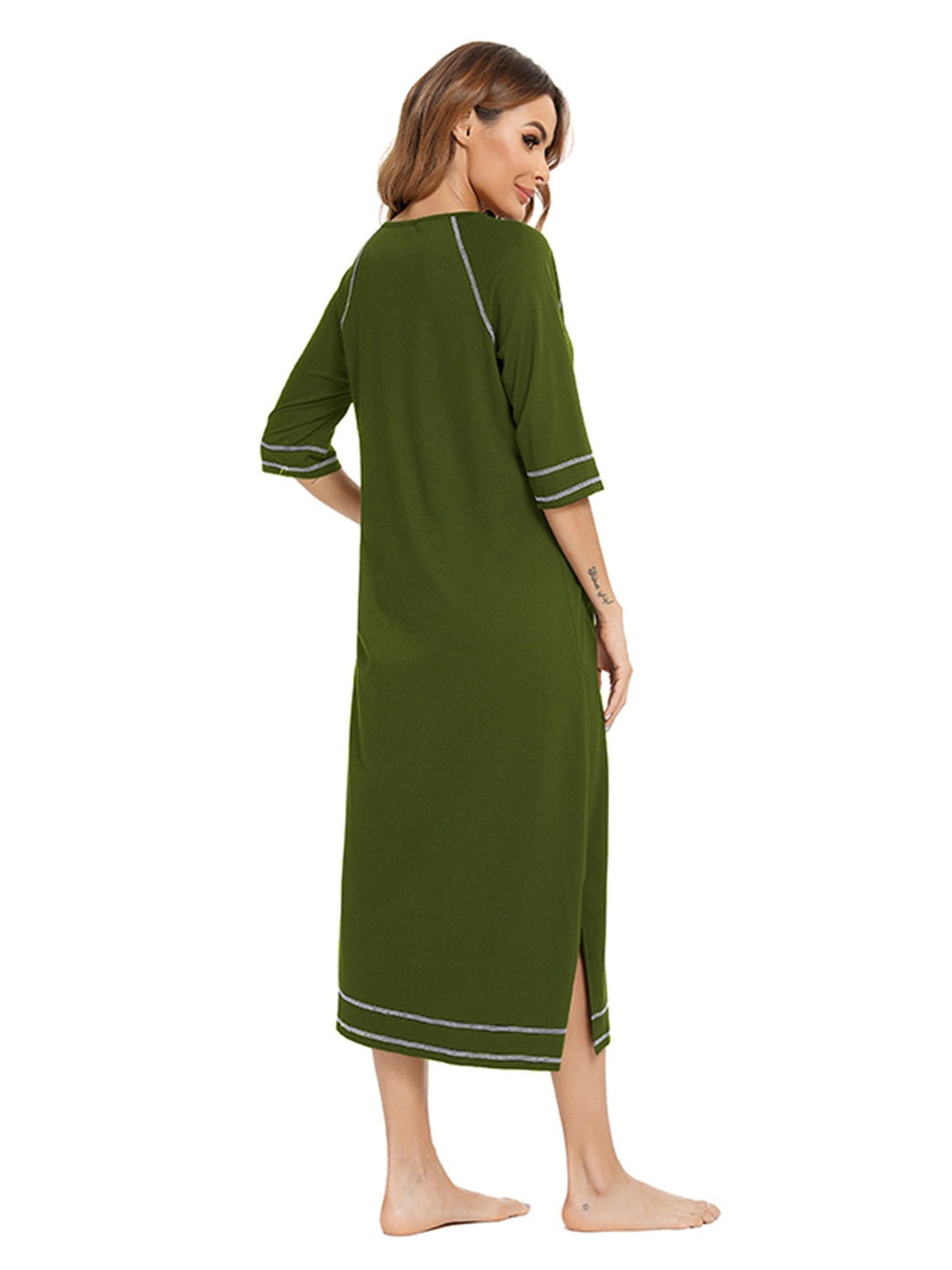 Zip Up Slit Round Neck Night Dress with Pockets nicholesgifts