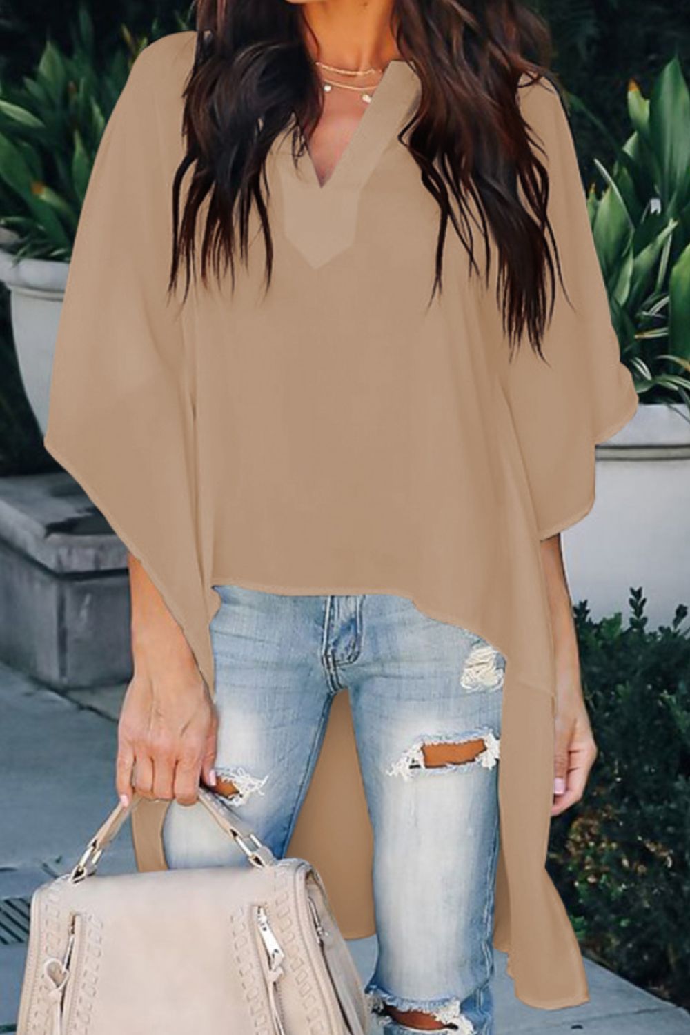 High-Low Notched Half Sleeve Blouse nicholesgifts