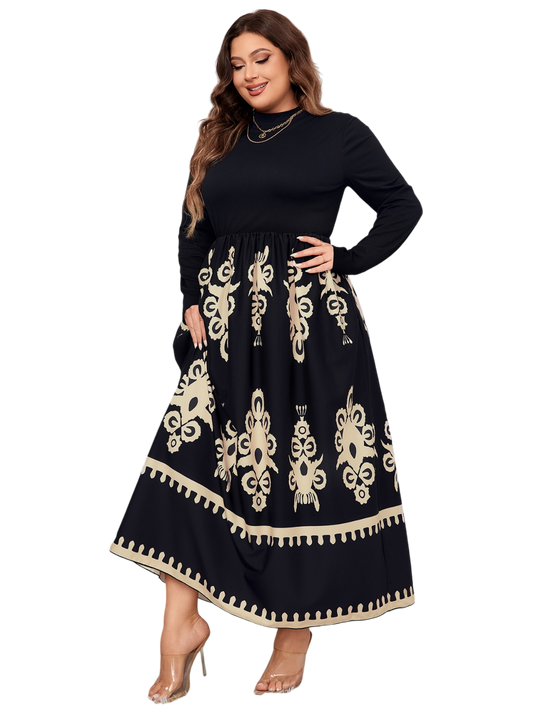 Plus Size Women Printed Mock Neck Long Sleeve Black Dress - NicholesGifts