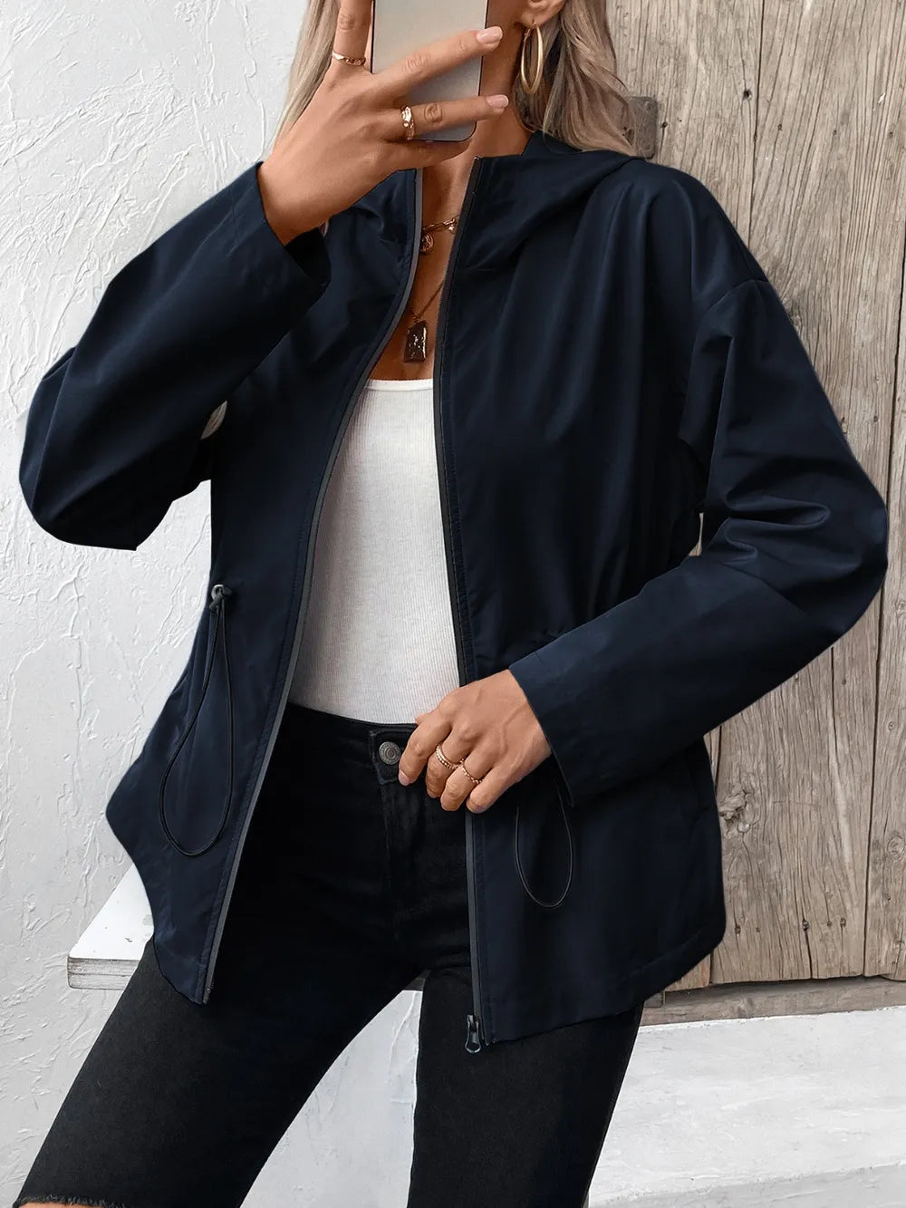 Ivy Lane Drawstring Zip Up Hooded Jacket nicholesgifts