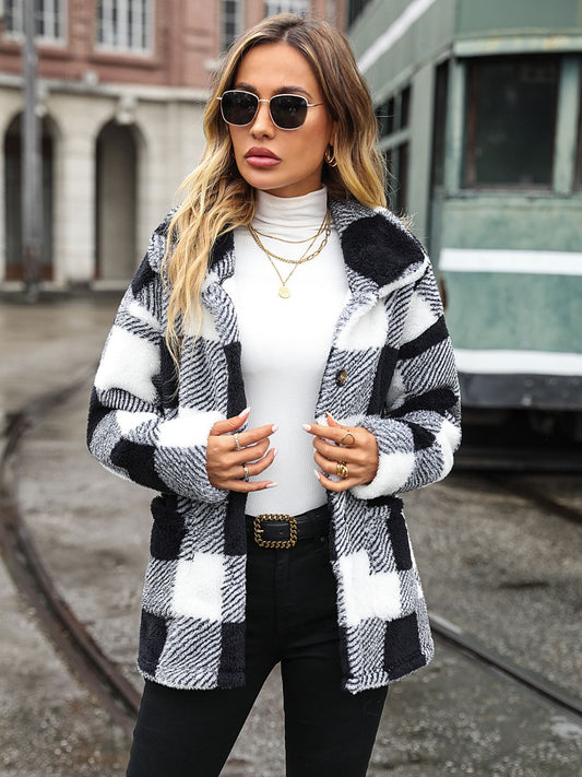 Plaid Collared Neck Button Down Jacket nicholesgifts